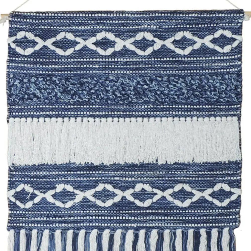 26" X 51" Denim Blue And White Geometric Cotton Macrame Hanging Tapestry HomeRoots
