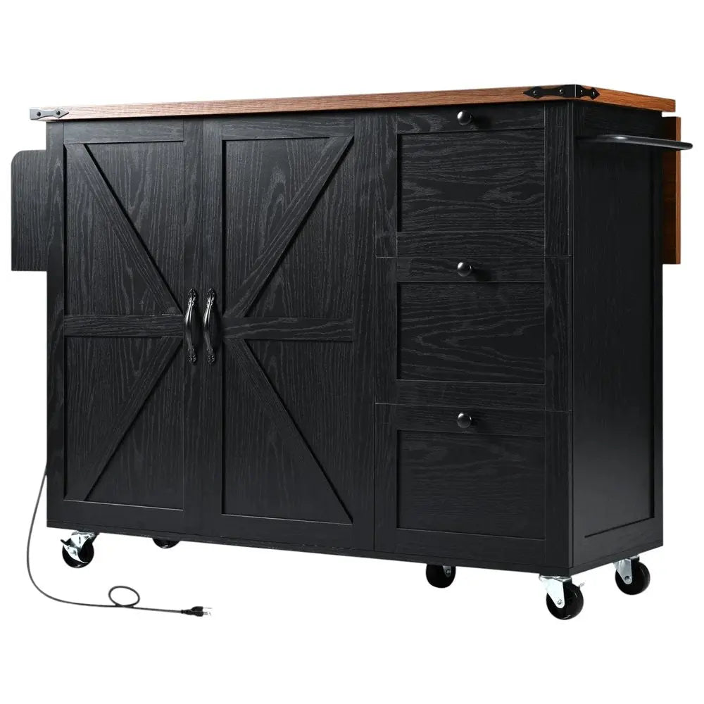 55" Black Wood Barn Door Rolling Kitchen Island With USB - NOVA HOME FURNITURE
