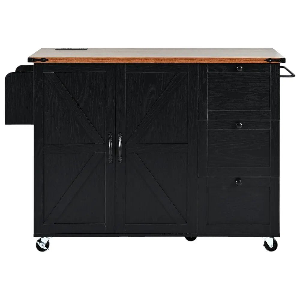 55" Black Wood Barn Door Rolling Kitchen Island With USB - NOVA HOME FURNITURE