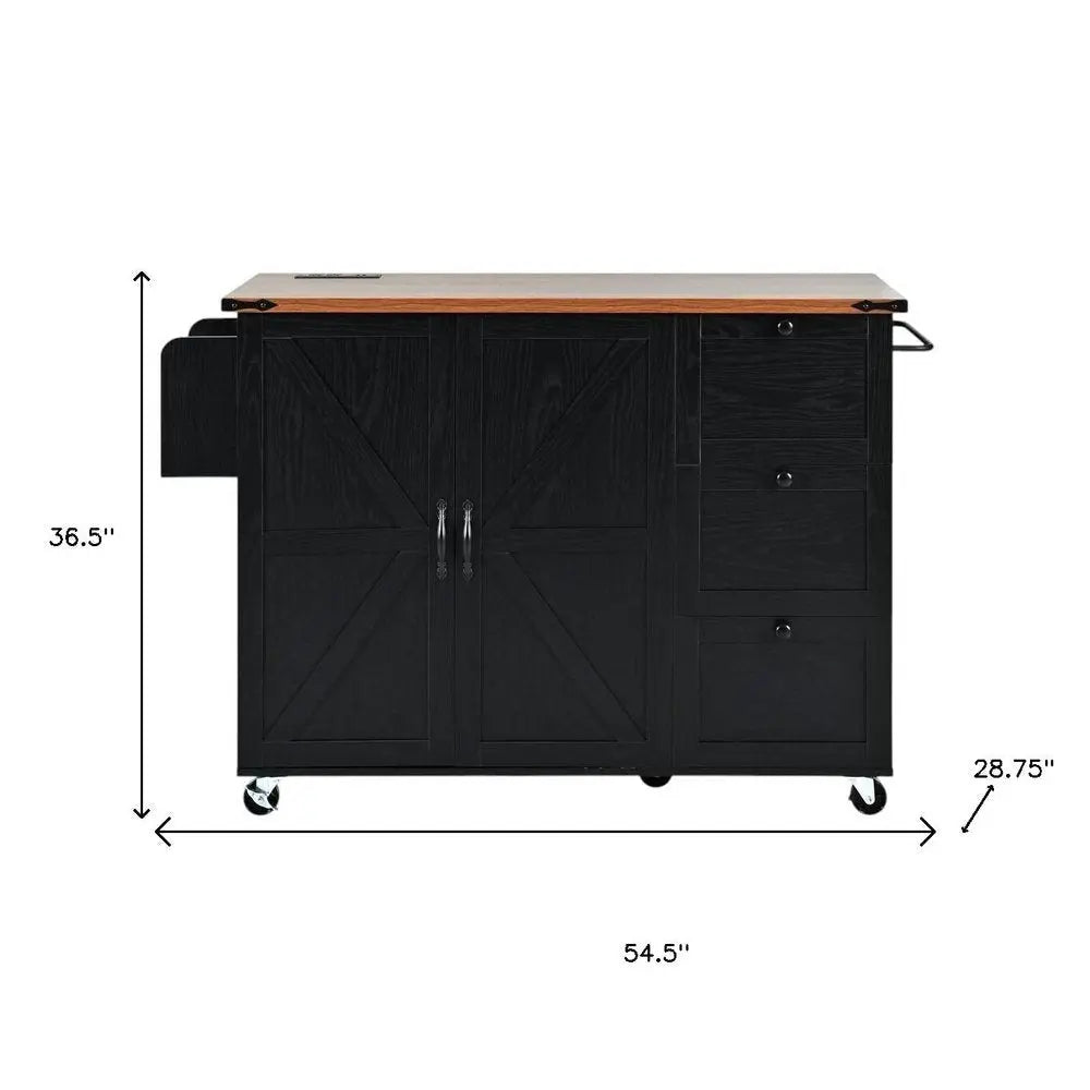 55" Black Wood Barn Door Rolling Kitchen Island With USB - NOVA HOME FURNITURE