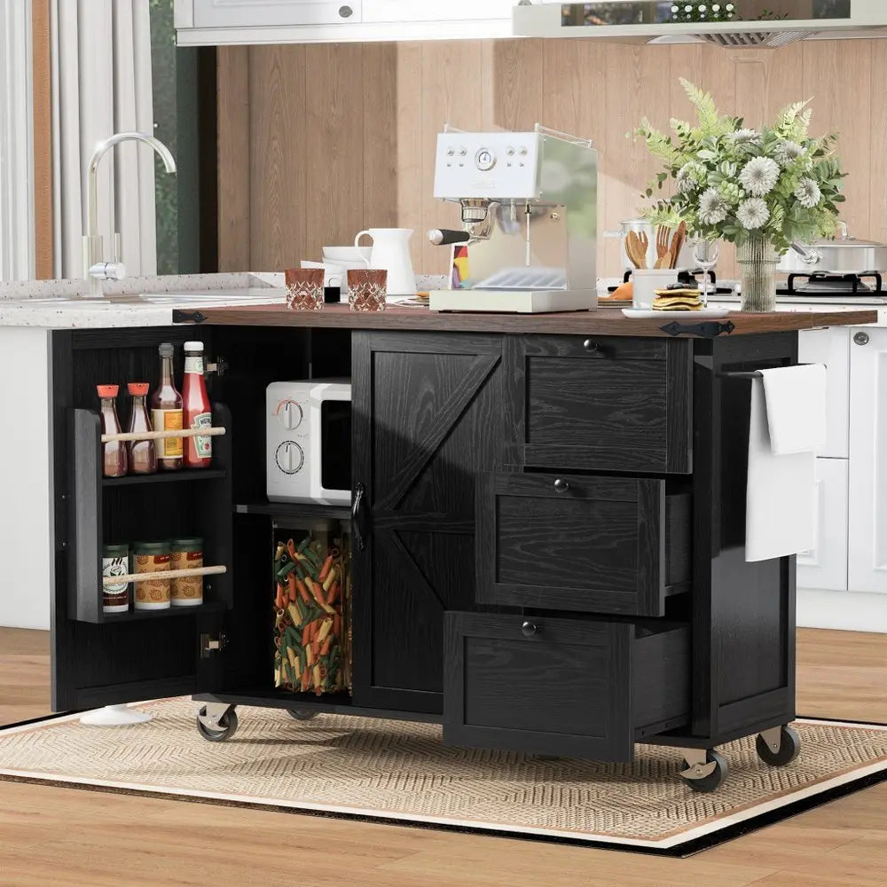 55" Black Wood Barn Door Rolling Kitchen Island With USB - NOVA HOME FURNITURE