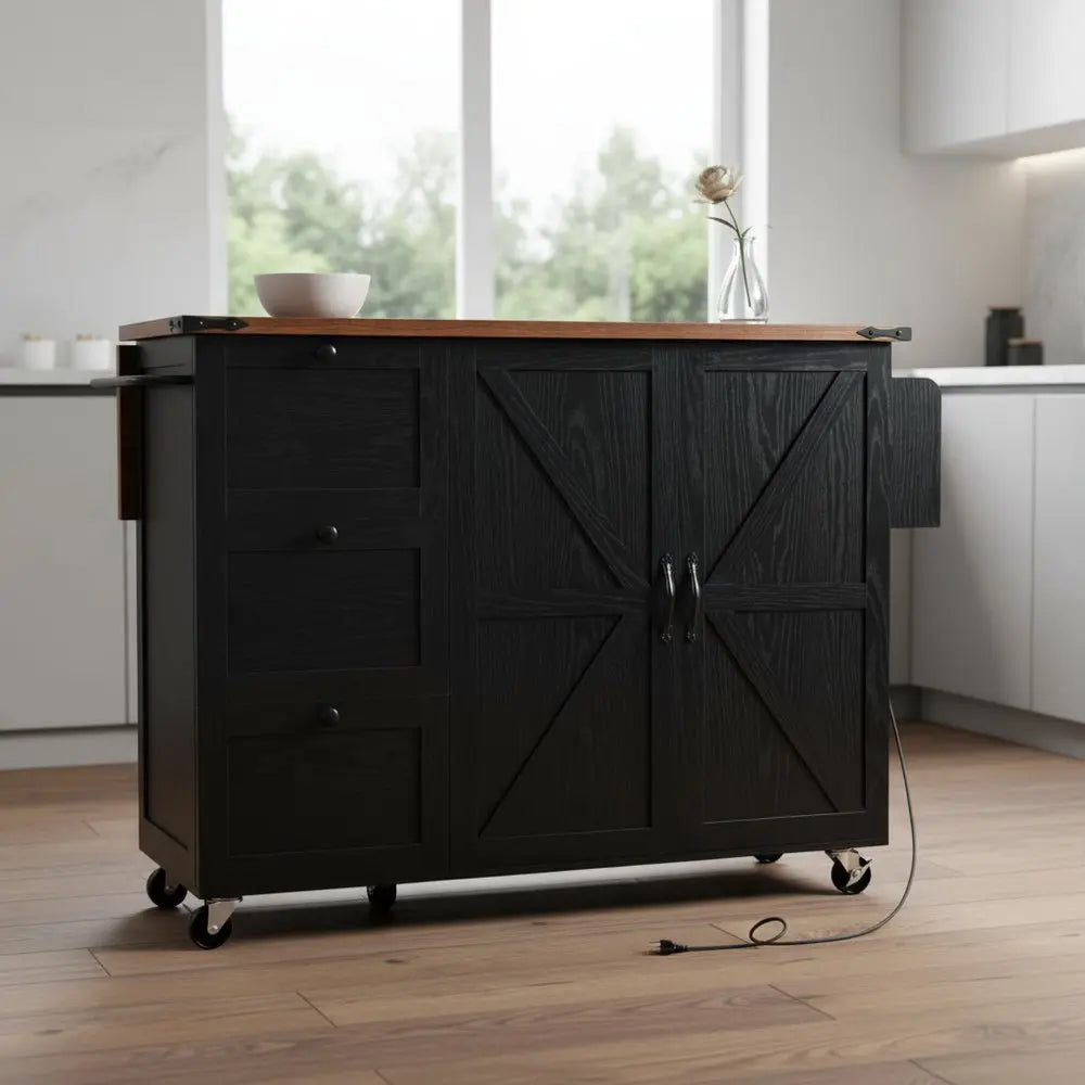55" Black Wood Barn Door Rolling Kitchen Island With USB - NOVA HOME FURNITURE