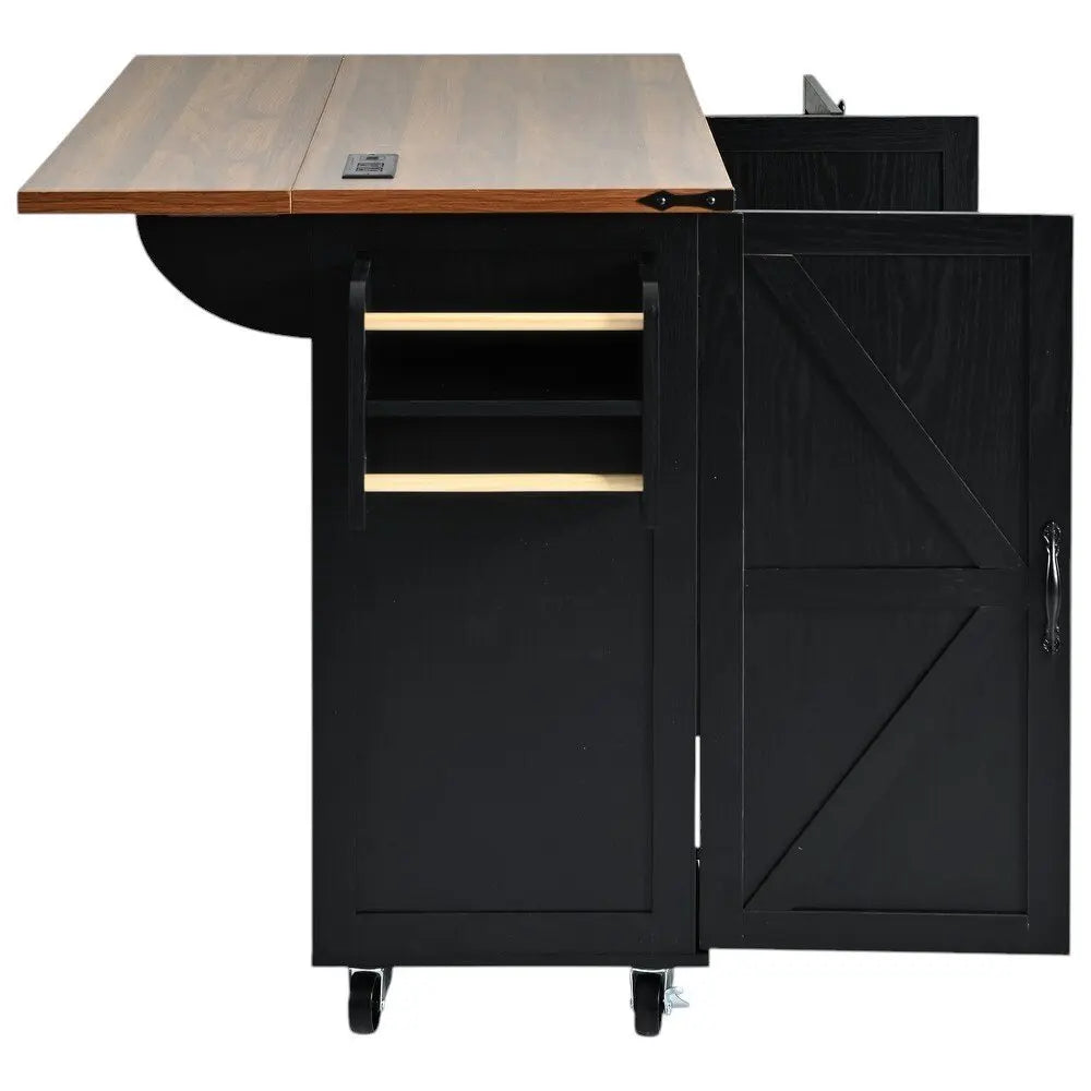 55" Black Wood Barn Door Rolling Kitchen Island With USB - NOVA HOME FURNITURE