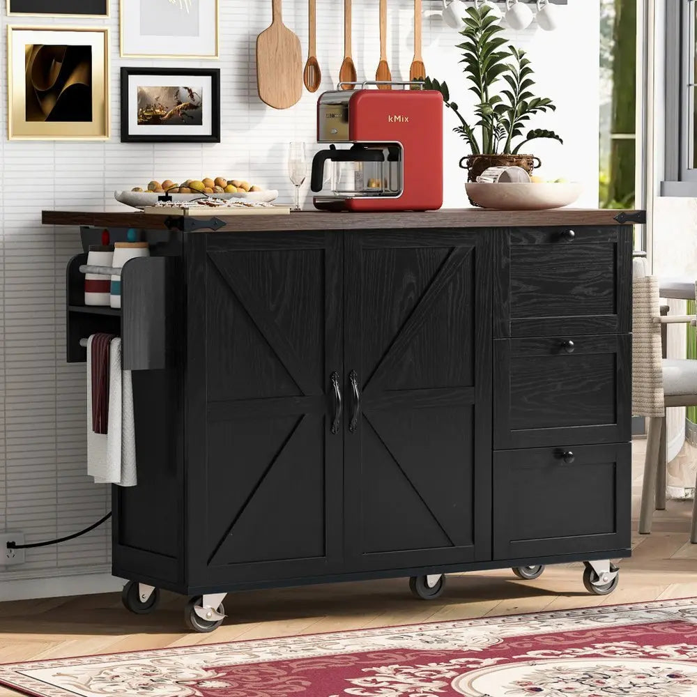 55" Black Wood Barn Door Rolling Kitchen Island With USB - NOVA HOME FURNITURE