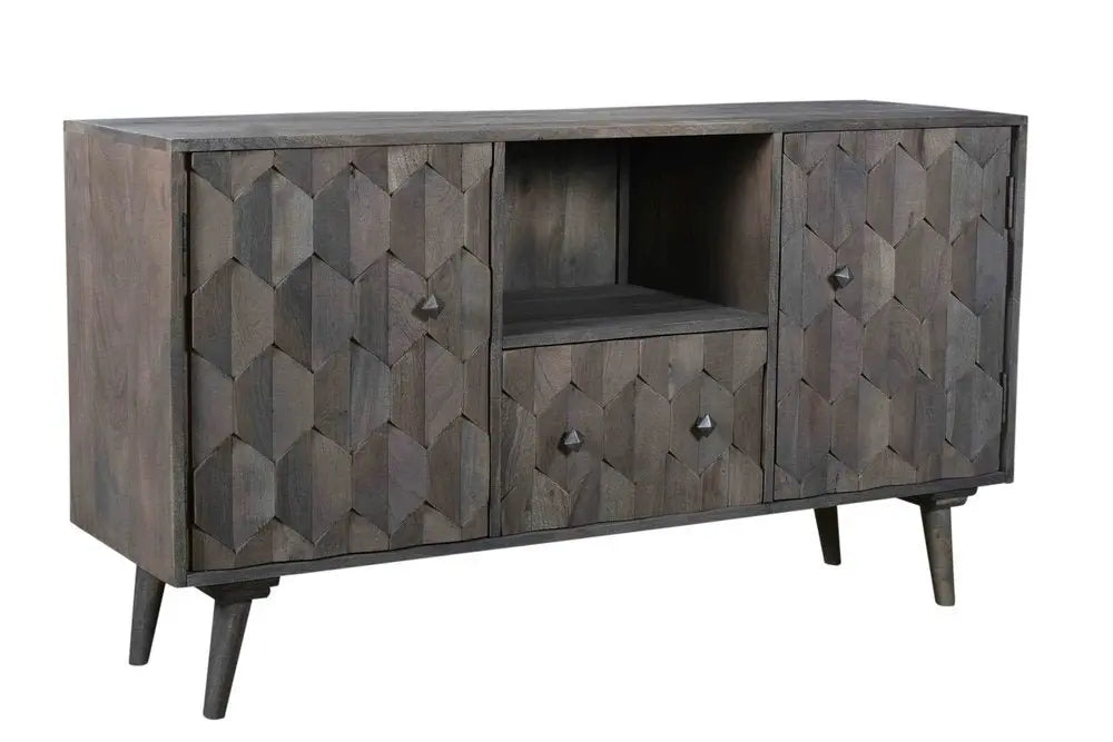 55" Dark Gray Carved Geometric Distressed Solid Wood Enclosed and Open Storage TV Stand - NOVA HOME FURNITURE