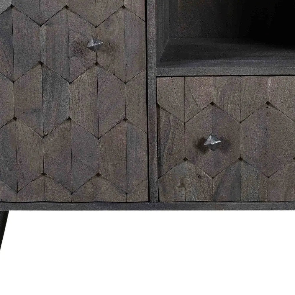 55" Dark Gray Carved Geometric Distressed Solid Wood Enclosed and Open Storage TV Stand - NOVA HOME FURNITURE