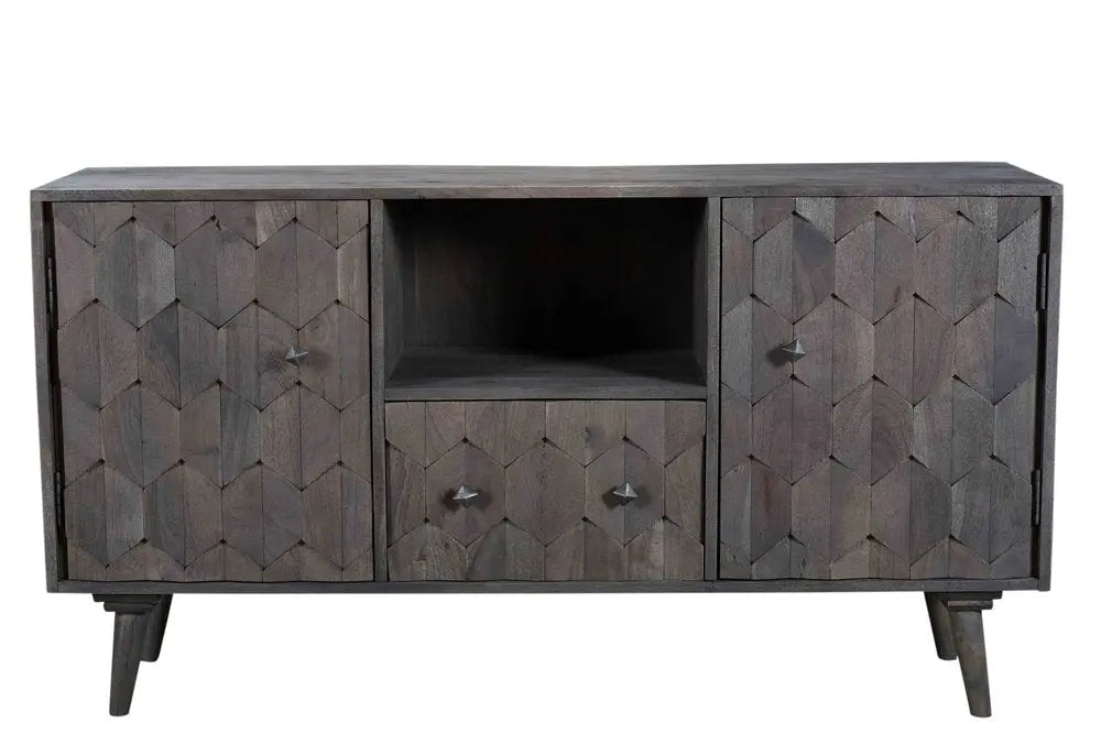 55" Dark Gray Carved Geometric Distressed Solid Wood Enclosed and Open Storage TV Stand - NOVA HOME FURNITURE