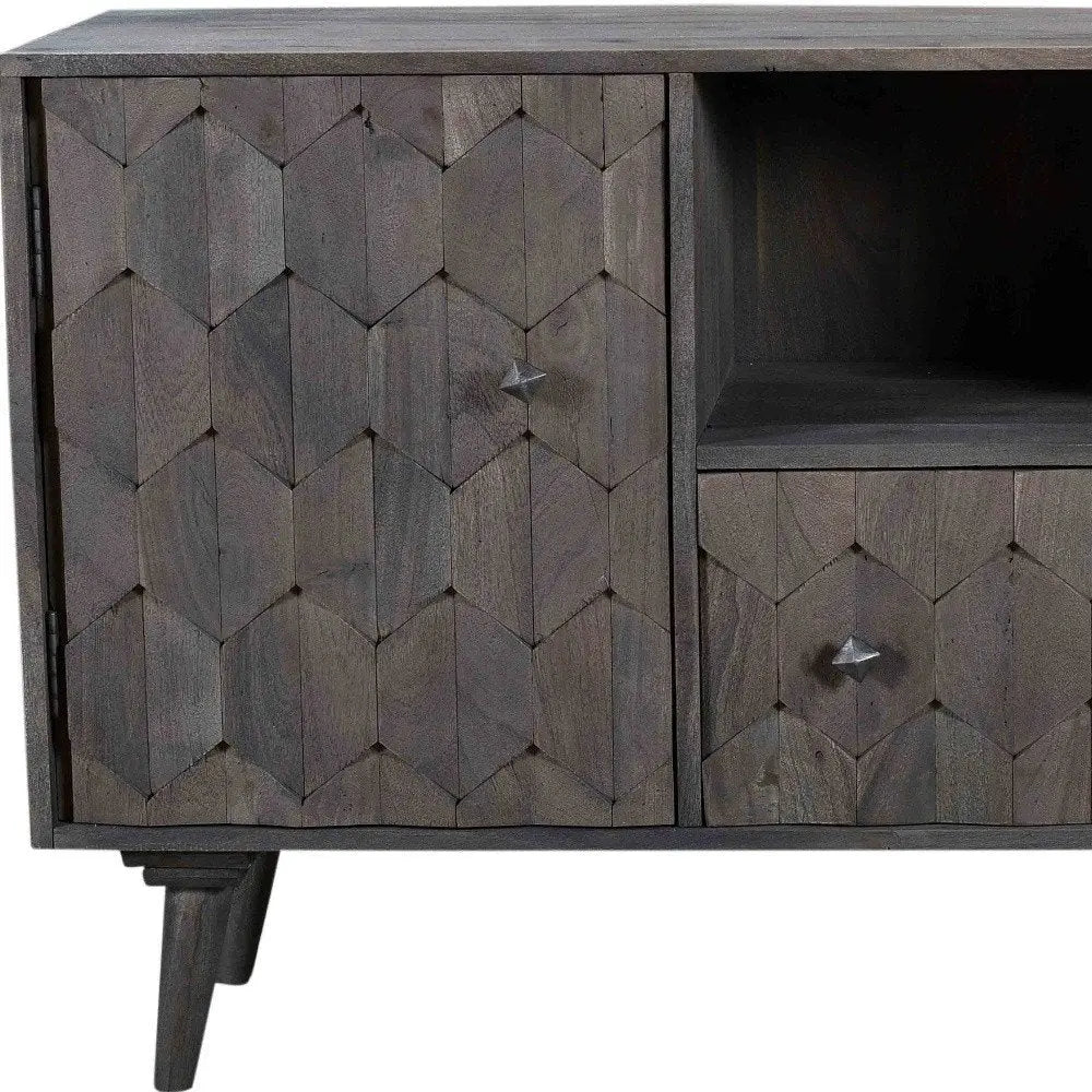 55" Dark Gray Carved Geometric Distressed Solid Wood Enclosed and Open Storage TV Stand - NOVA HOME FURNITURE
