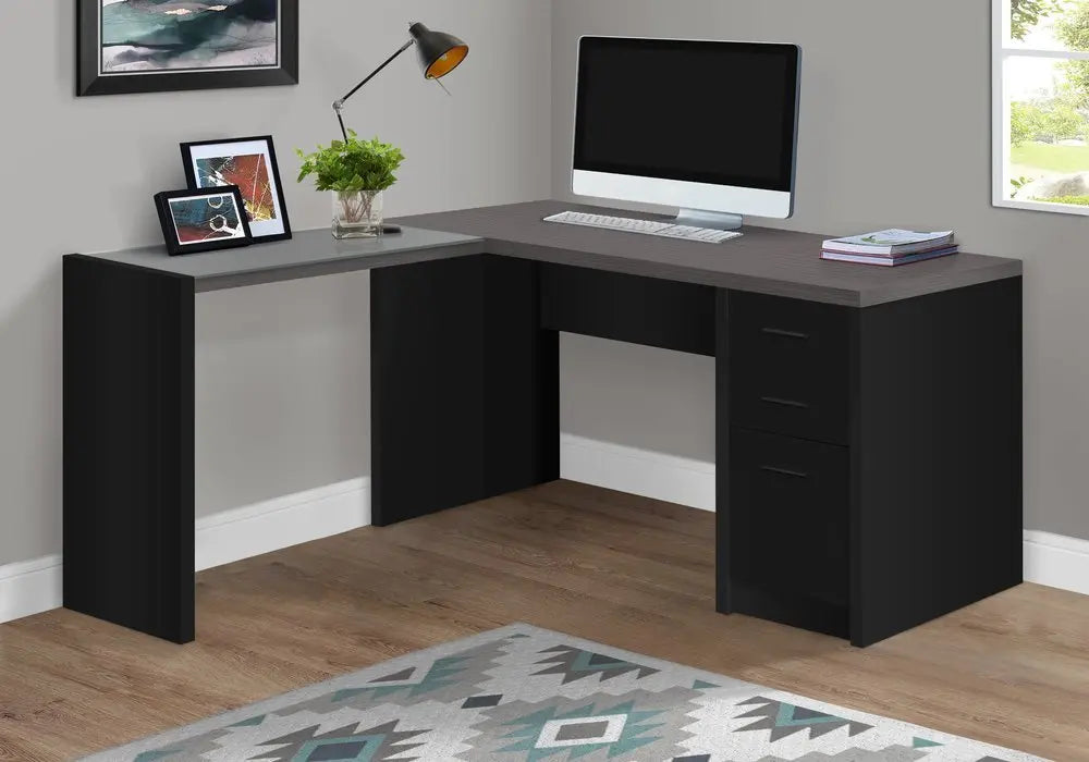 55" Gray and Black L Shape Computer Desk With Three Drawers - NOBLE HOME INTERIORS