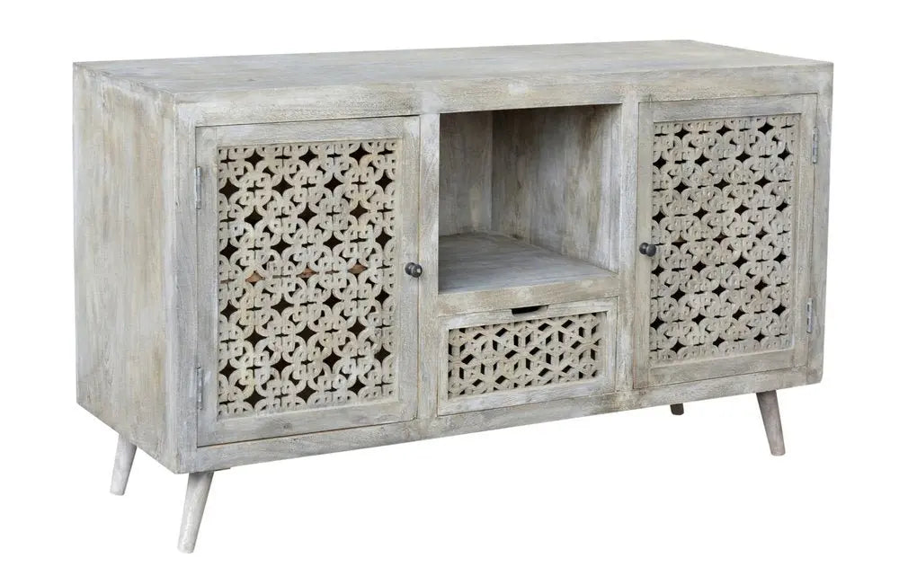 55" Gray Solid Wood Cabinet Enclosed Storage Worn TV Stand - NOVA HOME FURNITURE