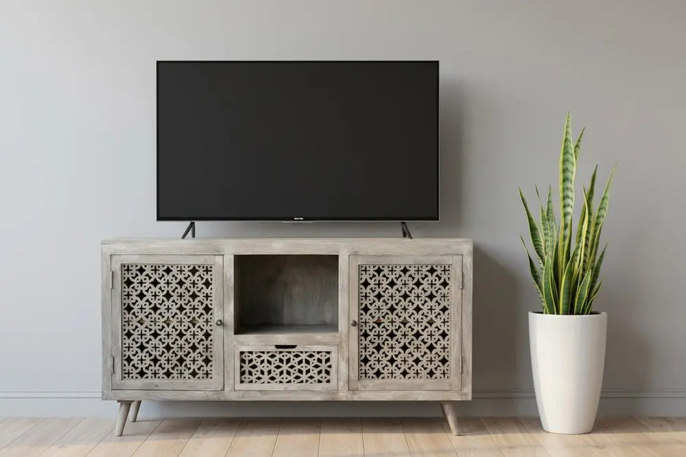 55" Gray Solid Wood Cabinet Enclosed Storage Worn TV Stand - NOVA HOME FURNITURE