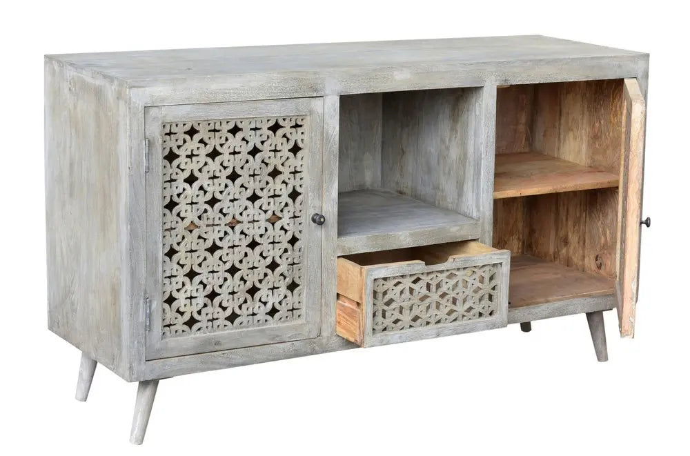 55" Gray Solid Wood Cabinet Enclosed Storage Worn TV Stand - NOVA HOME FURNITURE