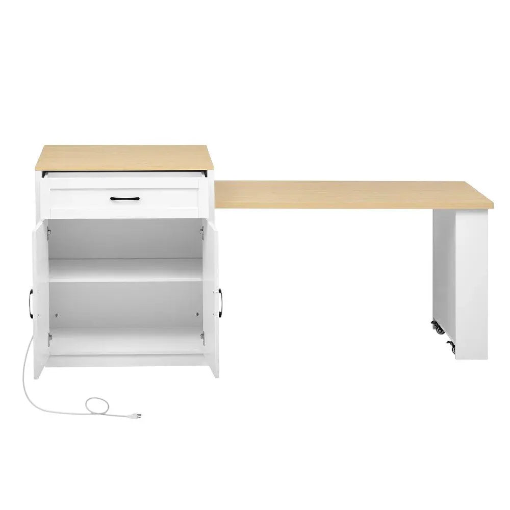 55" Natural and White Wood Barn Door Rolling Kitchen Island With Storage With USB - NOVA HOME FURNITURE