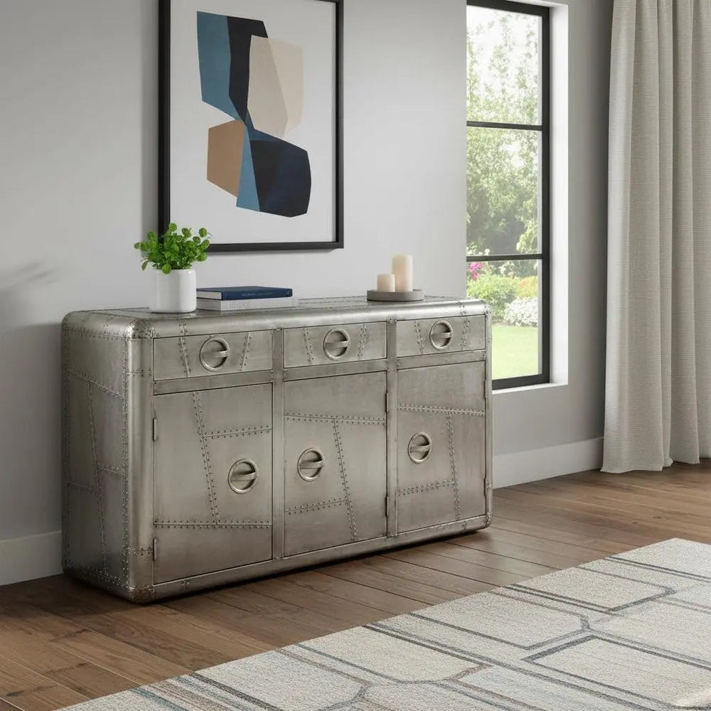 55" Silver Steel Console Accent Cabinet With Three Drawers - NOVA HOME FURNITURE