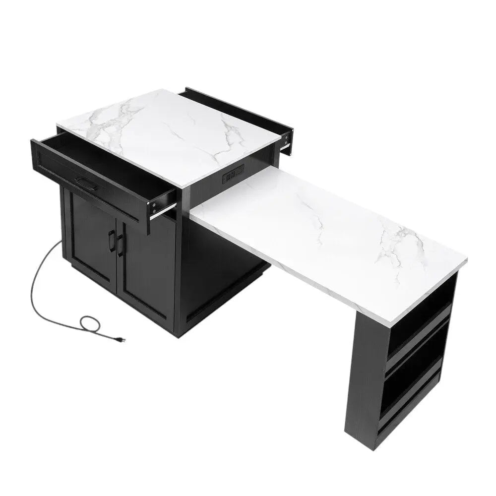 55" White and Black Wood Barn Door Rolling Kitchen Island With Storage With USB - NOVA HOME FURNITURE