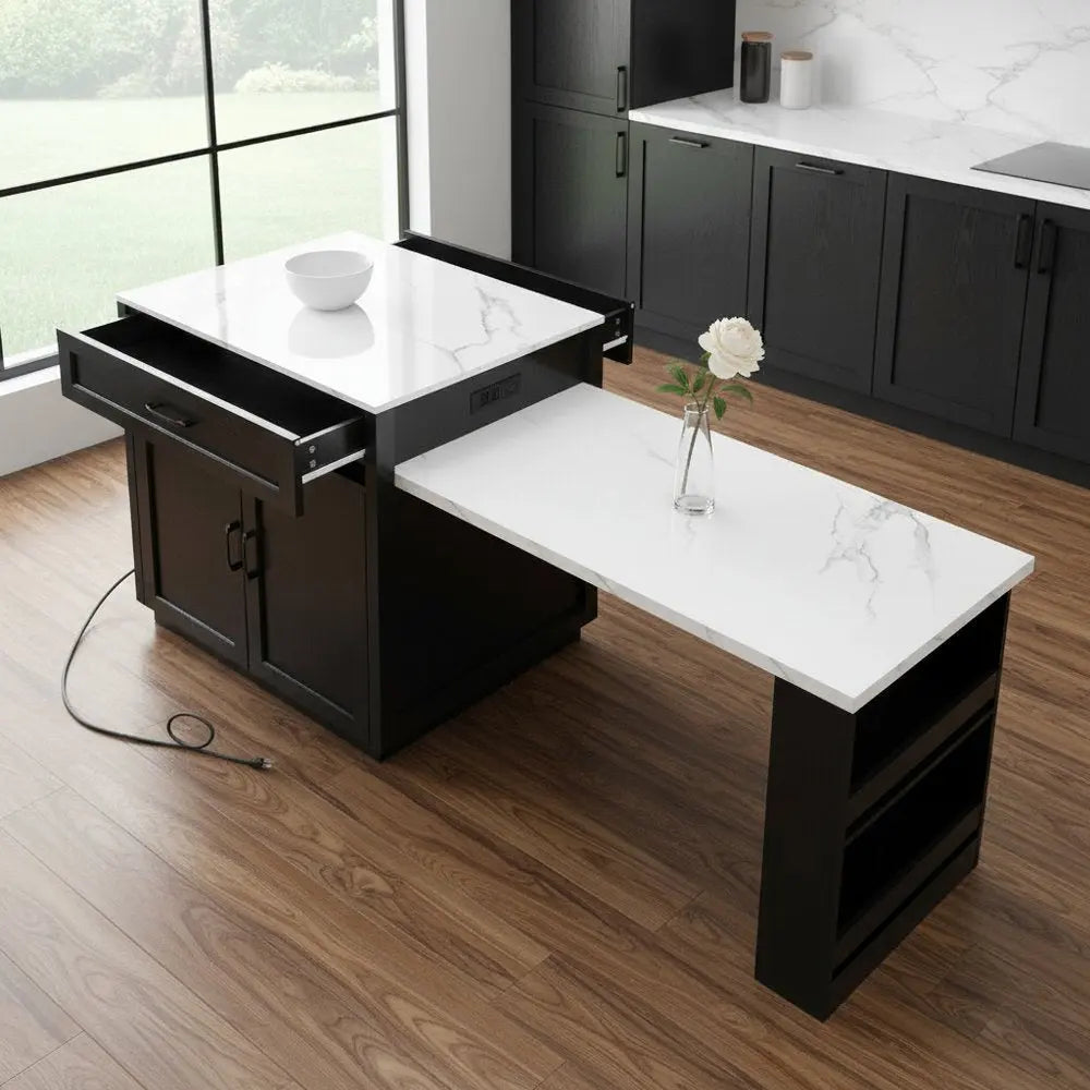 55" White and Black Wood Barn Door Rolling Kitchen Island With Storage With USB - NOVA HOME FURNITURE