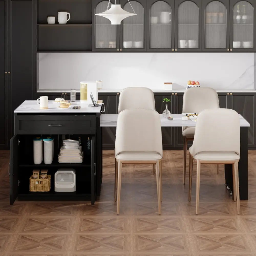 55" White and Black Wood Barn Door Rolling Kitchen Island With Storage With USB - NOVA HOME FURNITURE