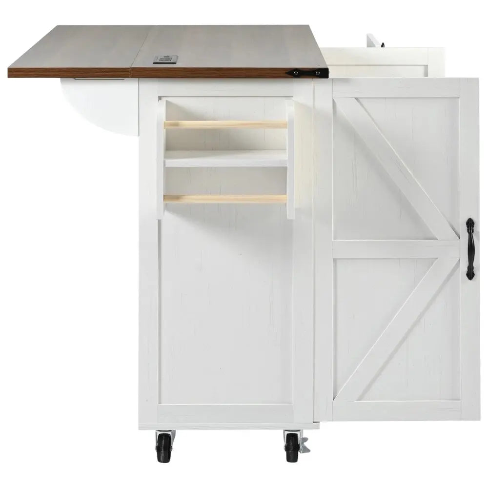 55" White Wood Barn Door Rolling Kitchen Island With USB - NOVA HOME FURNITURE