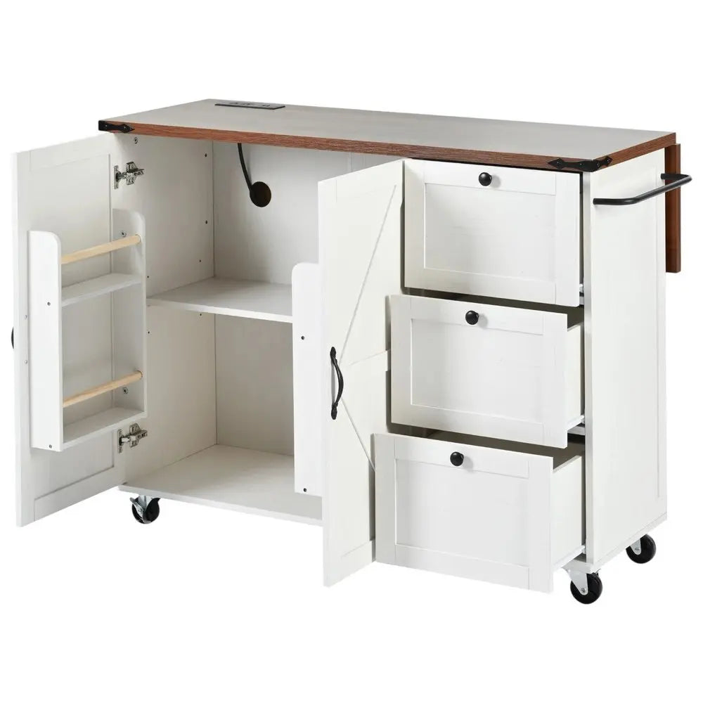 55" White Wood Barn Door Rolling Kitchen Island With USB - NOVA HOME FURNITURE