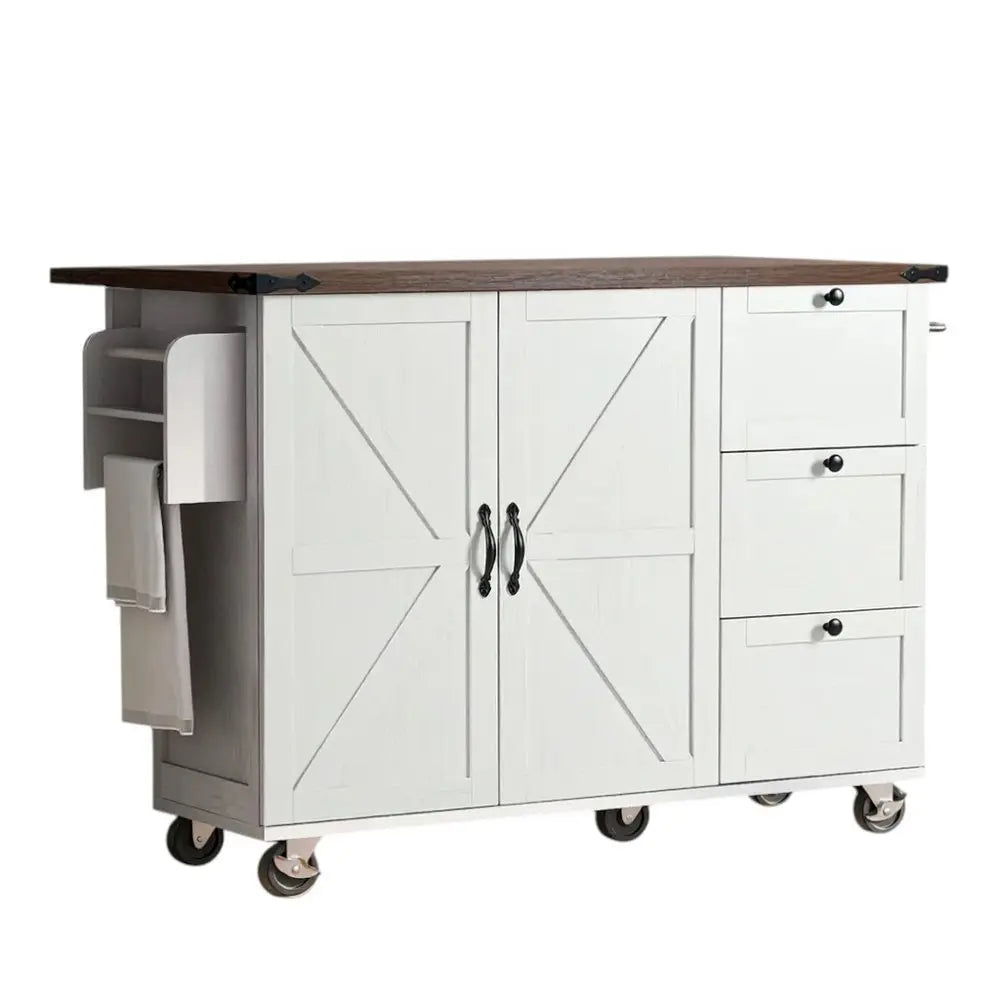 55" White Wood Barn Door Rolling Kitchen Island With USB - NOVA HOME FURNITURE