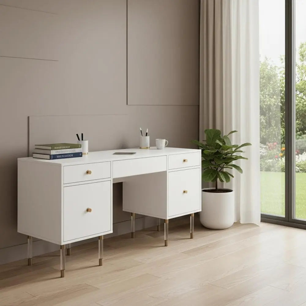 55" White Writing Desk With Four Drawers - NOBLE HOME INTERIORS