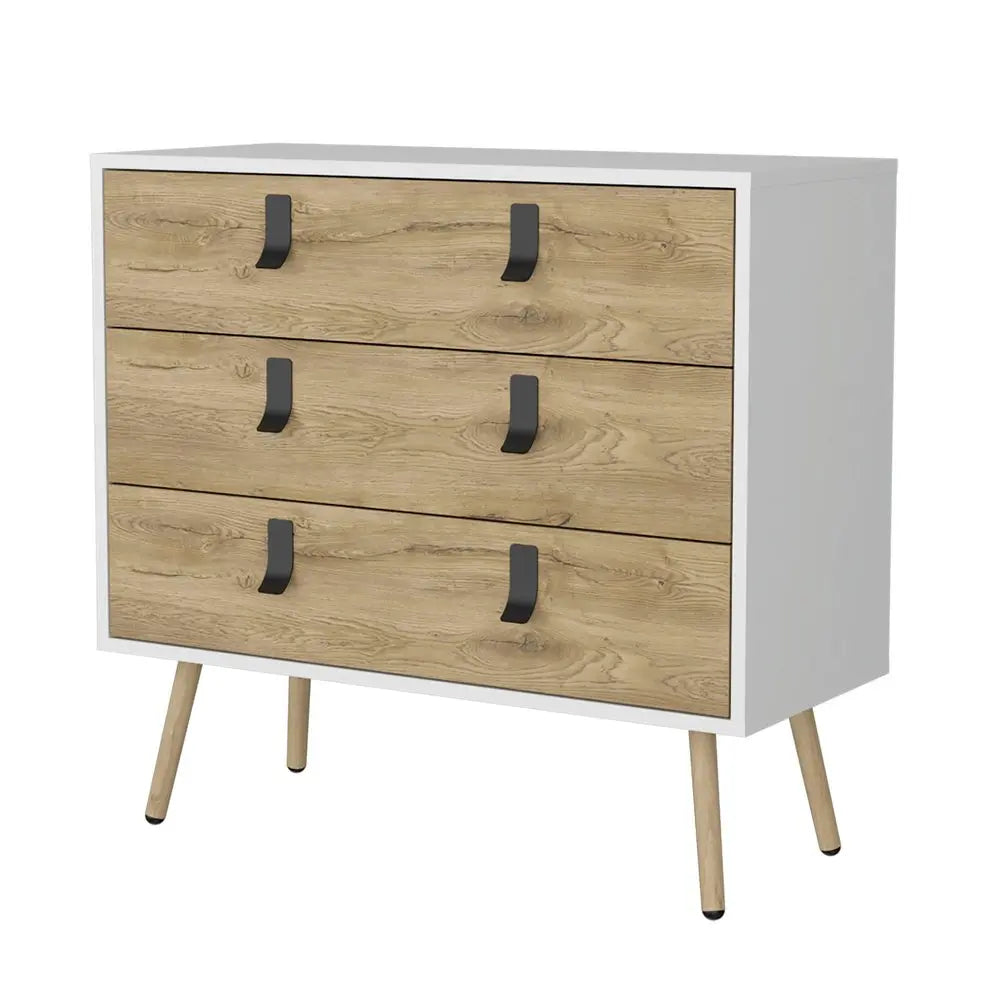 32" White and Natural Three Drawer Dresser HomeRoots