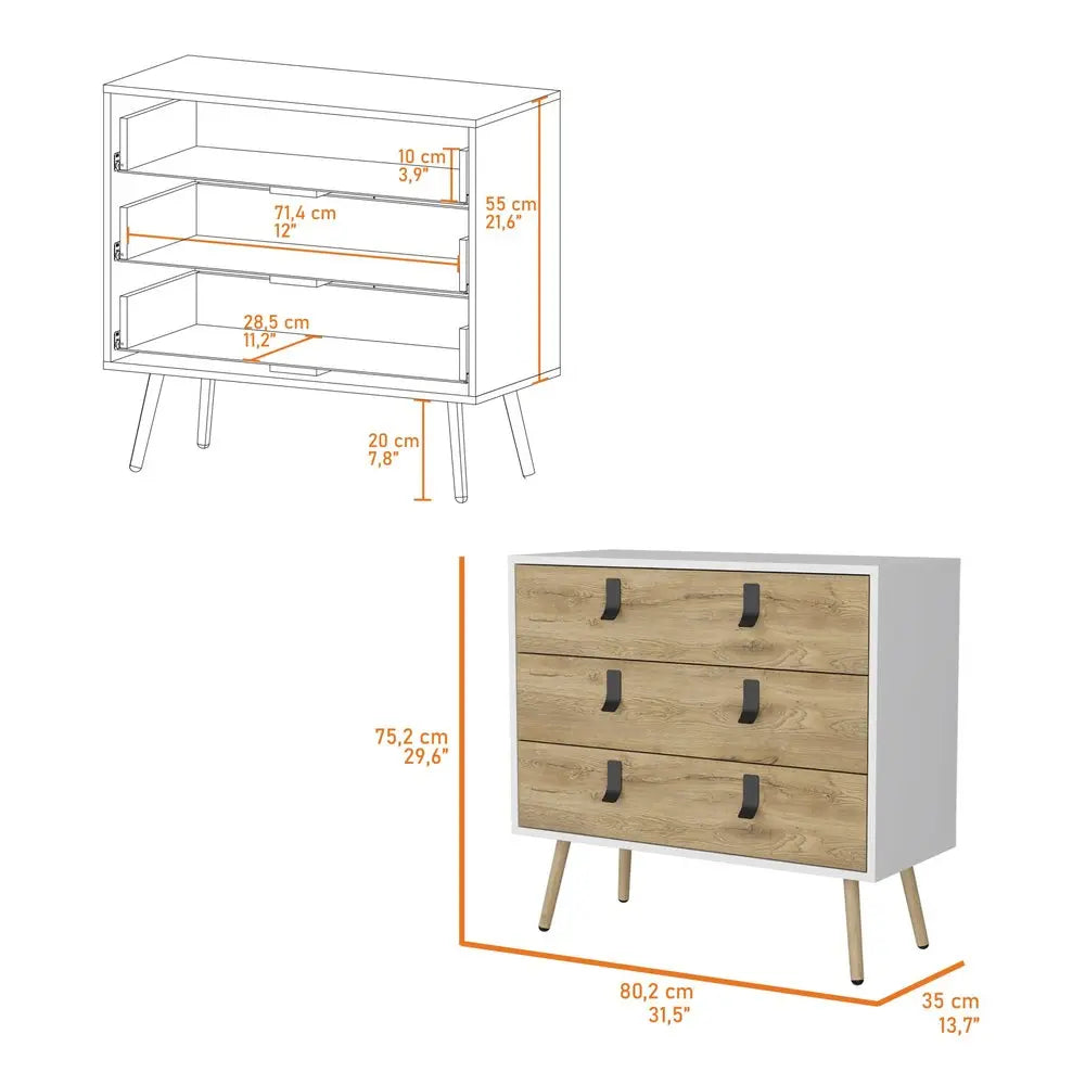 32" White and Natural Three Drawer Dresser HomeRoots