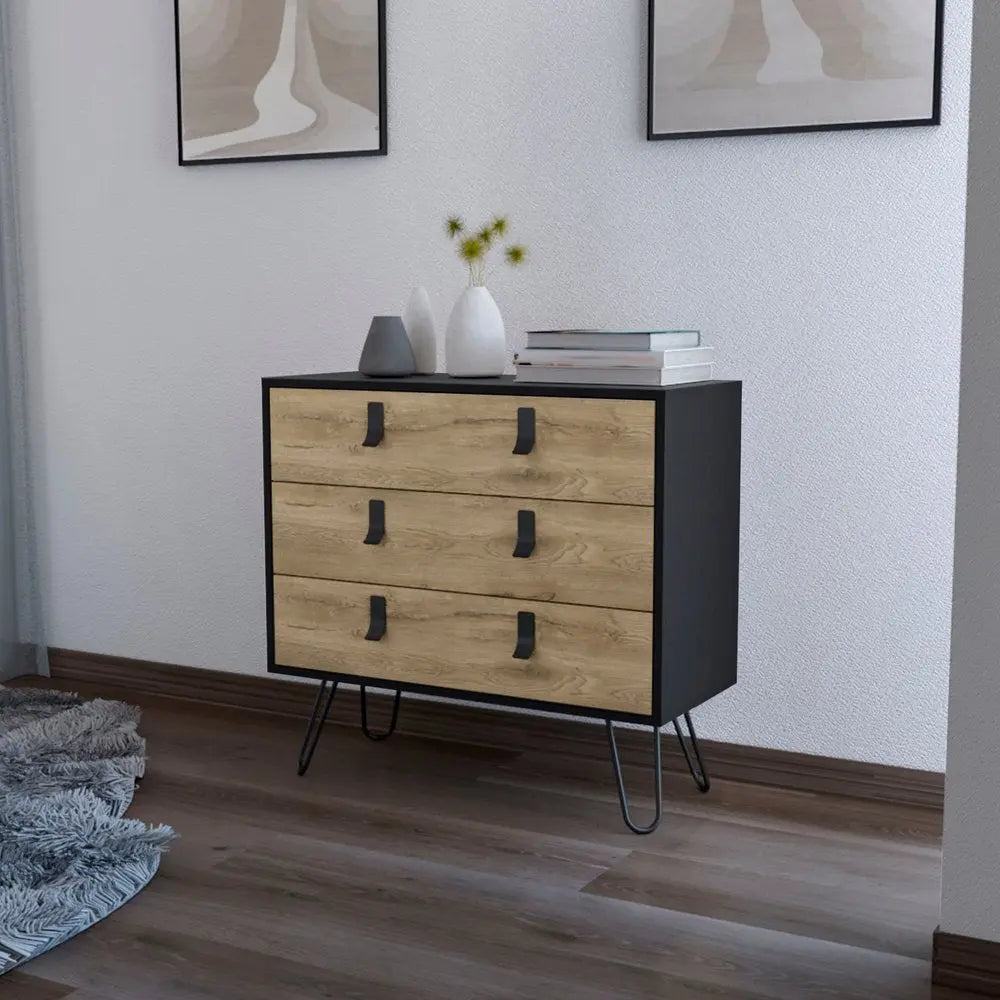32" Natural and Black Three Drawer Dresser HomeRoots