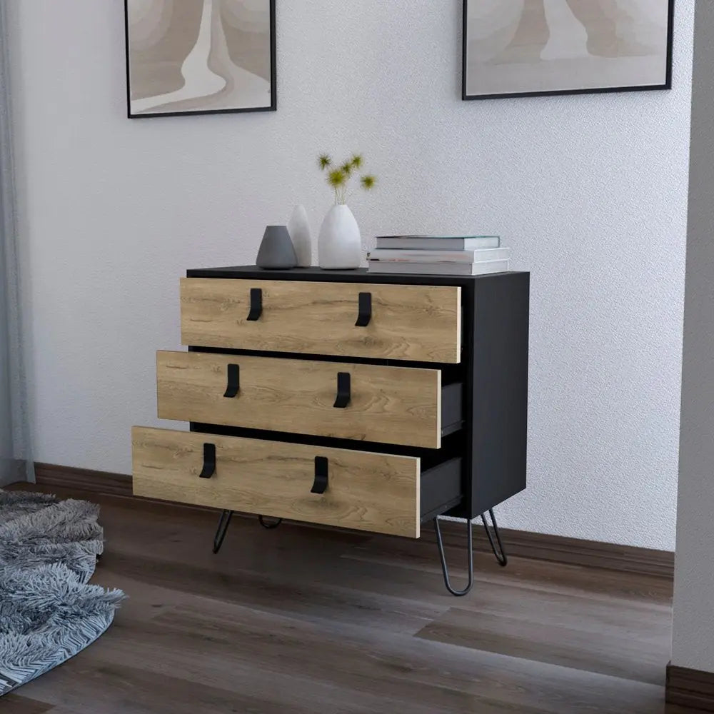 32" Natural and Black Three Drawer Dresser HomeRoots