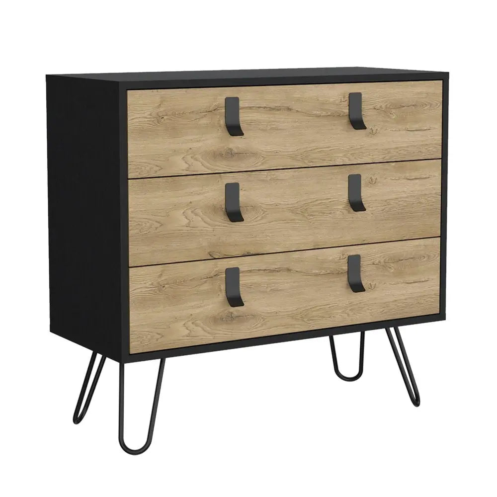 32" Natural and Black Three Drawer Dresser HomeRoots