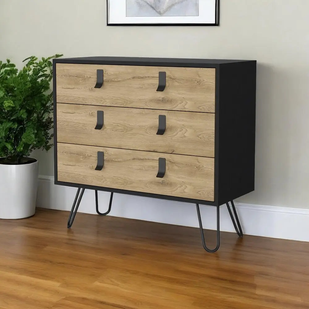 32" Natural and Black Three Drawer Dresser HomeRoots