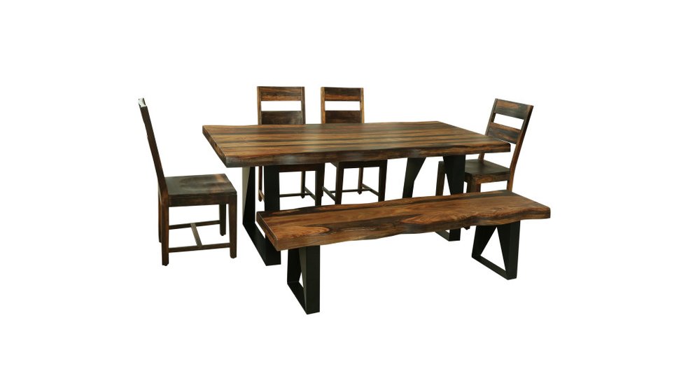 Six Piece Brown and Black Solid Wood Dining Set with Four Chairs and One Bench