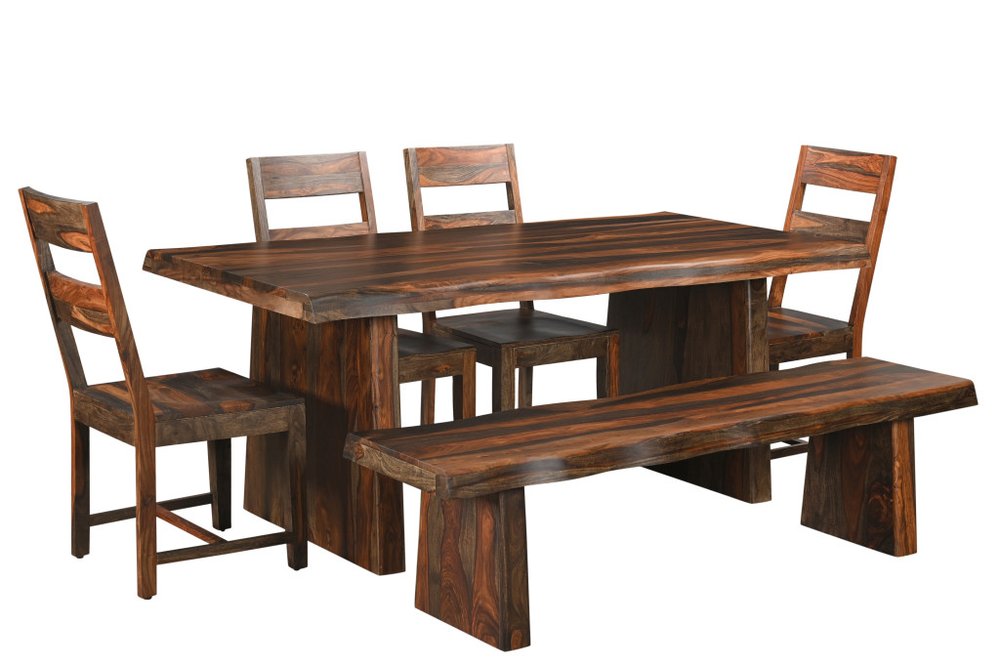 Six Piece Brown Solid Wood Dining Set with Four Chairs