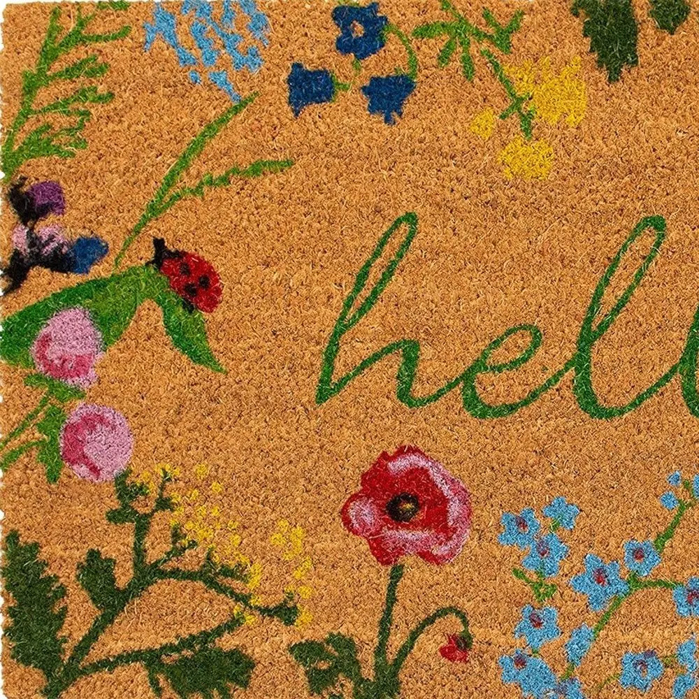 17" X 29" Natural and Green Coir Floral Hello Outdoor Door Mat HomeRoots