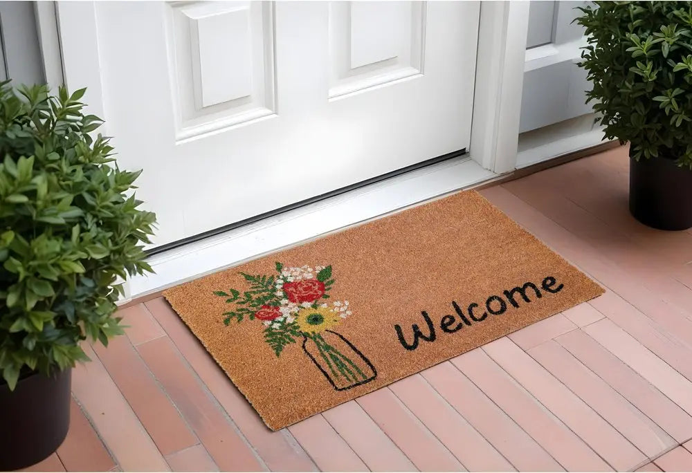 17" X 29" Natural Green and Black Coir Floral Welcome Outdoor Door Mat HomeRoots