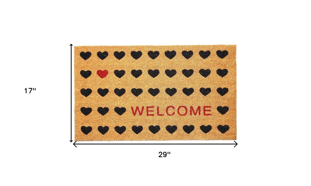 Felpudo de exterior de fibra de coco natural y negra de 43 x 73 cm con forma de corazón para San Valentín