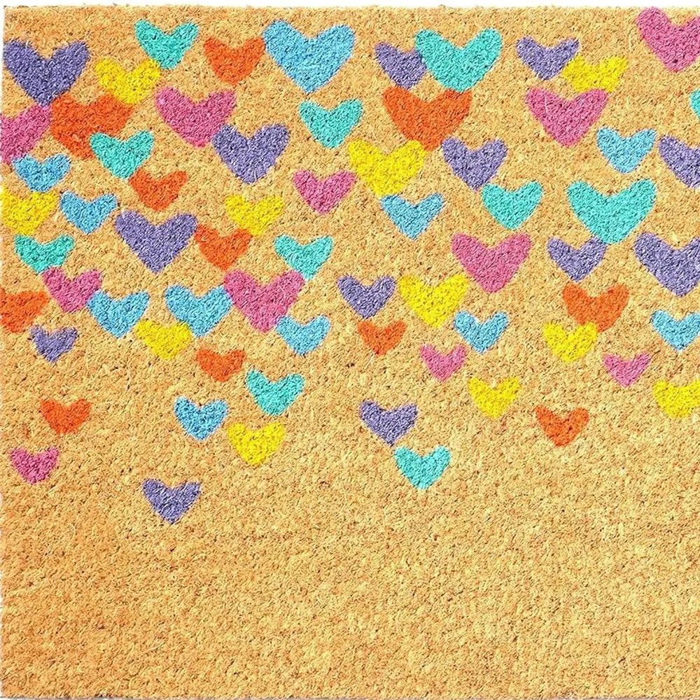 17" X 29" Natural Blue and Yellow Coir Heart Outdoor Valentine's Day Door Mat HomeRoots