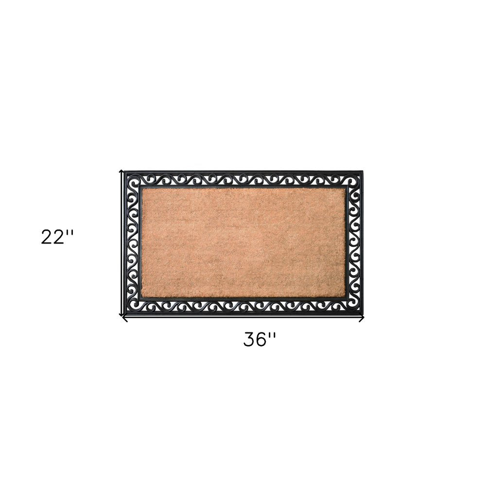 Felpudo exterior de 22" x 36" con diseño de volutas de fibra de coco natural y negro