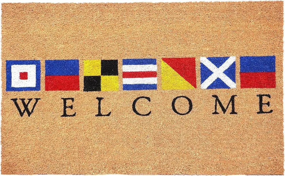 17" X 29" Natural Blue and Red Coir Nautical Flag Welcome Outdoor Door Mat HomeRoots