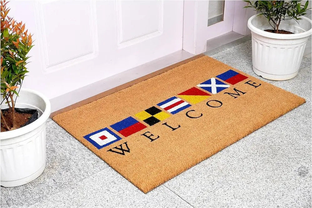 17" X 29" Natural Blue and Red Coir Nautical Flag Welcome Outdoor Door Mat HomeRoots