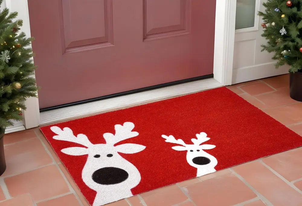 17" X 29" Red and White Coir Reindeer Outdoor Christmas Door Mat HomeRoots