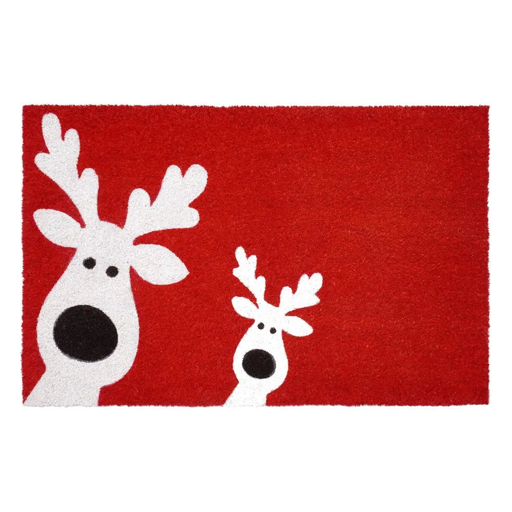 17" X 29" Red and White Coir Reindeer Outdoor Christmas Door Mat HomeRoots