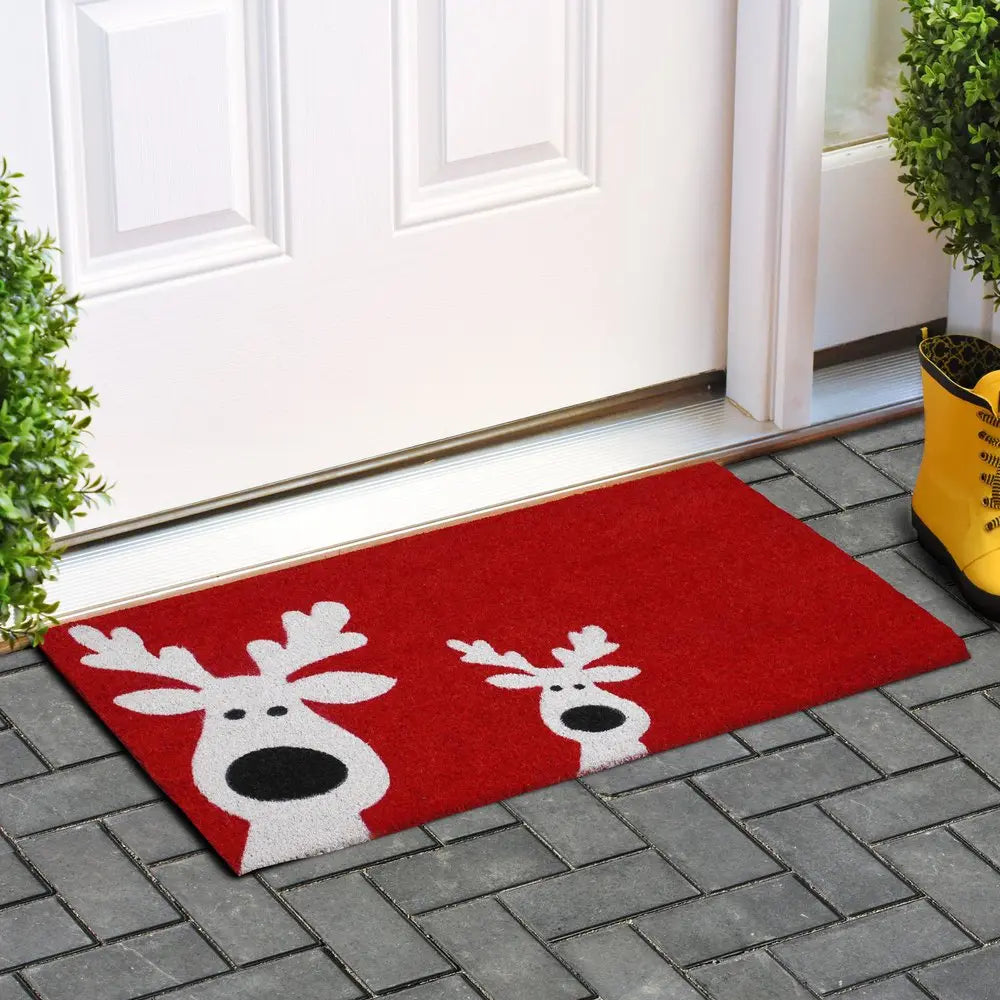 17" X 29" Red and White Coir Reindeer Outdoor Christmas Door Mat HomeRoots