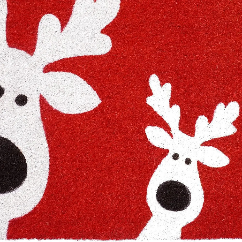 17" X 29" Red and White Coir Reindeer Outdoor Christmas Door Mat HomeRoots