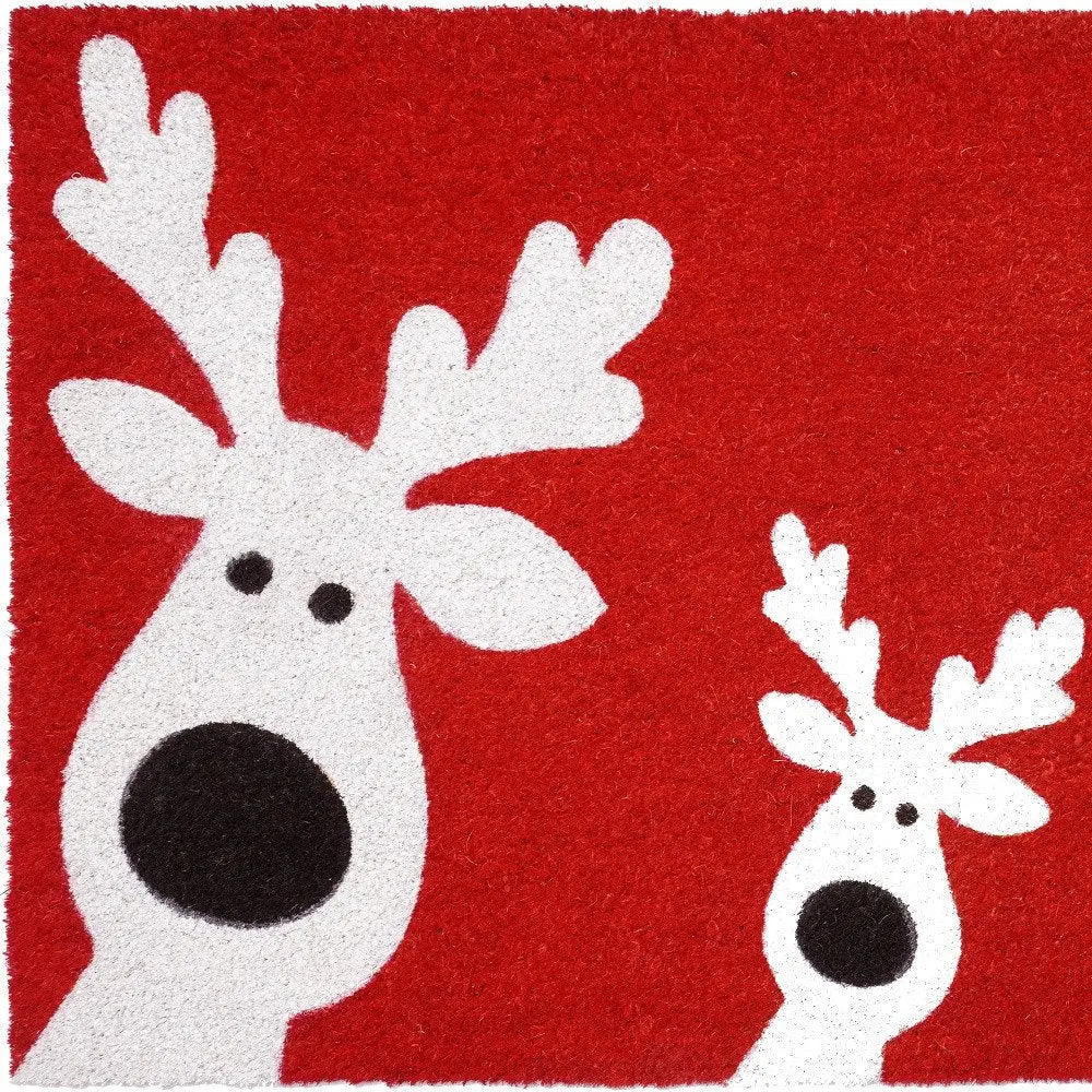 17" X 29" Red and White Coir Reindeer Outdoor Christmas Door Mat HomeRoots