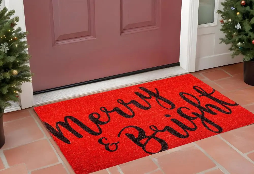 17" X 29" Red and Black Coir Merry and Bright Outdoor Christmas Door Mat HomeRoots