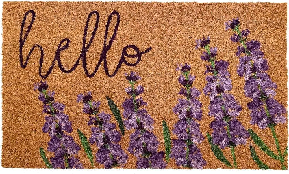 17" X 29" Natural Black and Purple Coir Floral Hello Outdoor Door Mat HomeRoots