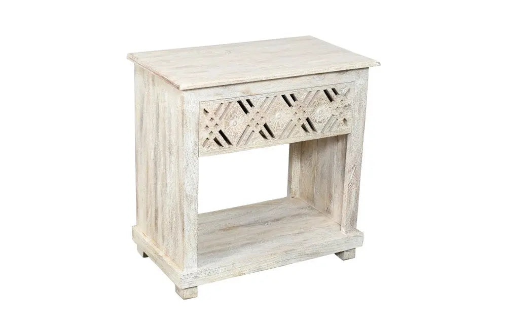 28" White Solid Wood Distressed Carved Geometric One Drawer Nightstand HomeRoots