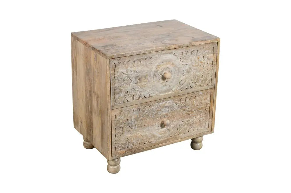 24" Natural Two Drawer Distressed Carved Floral Solid Wood Nightstand HomeRoots