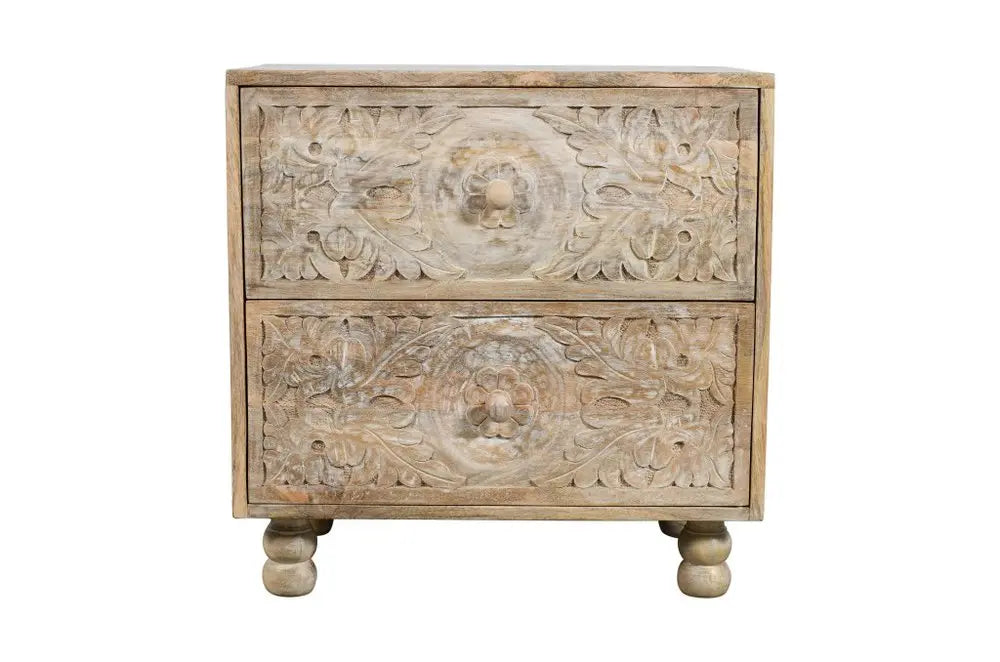 24" Natural Two Drawer Distressed Carved Floral Solid Wood Nightstand HomeRoots